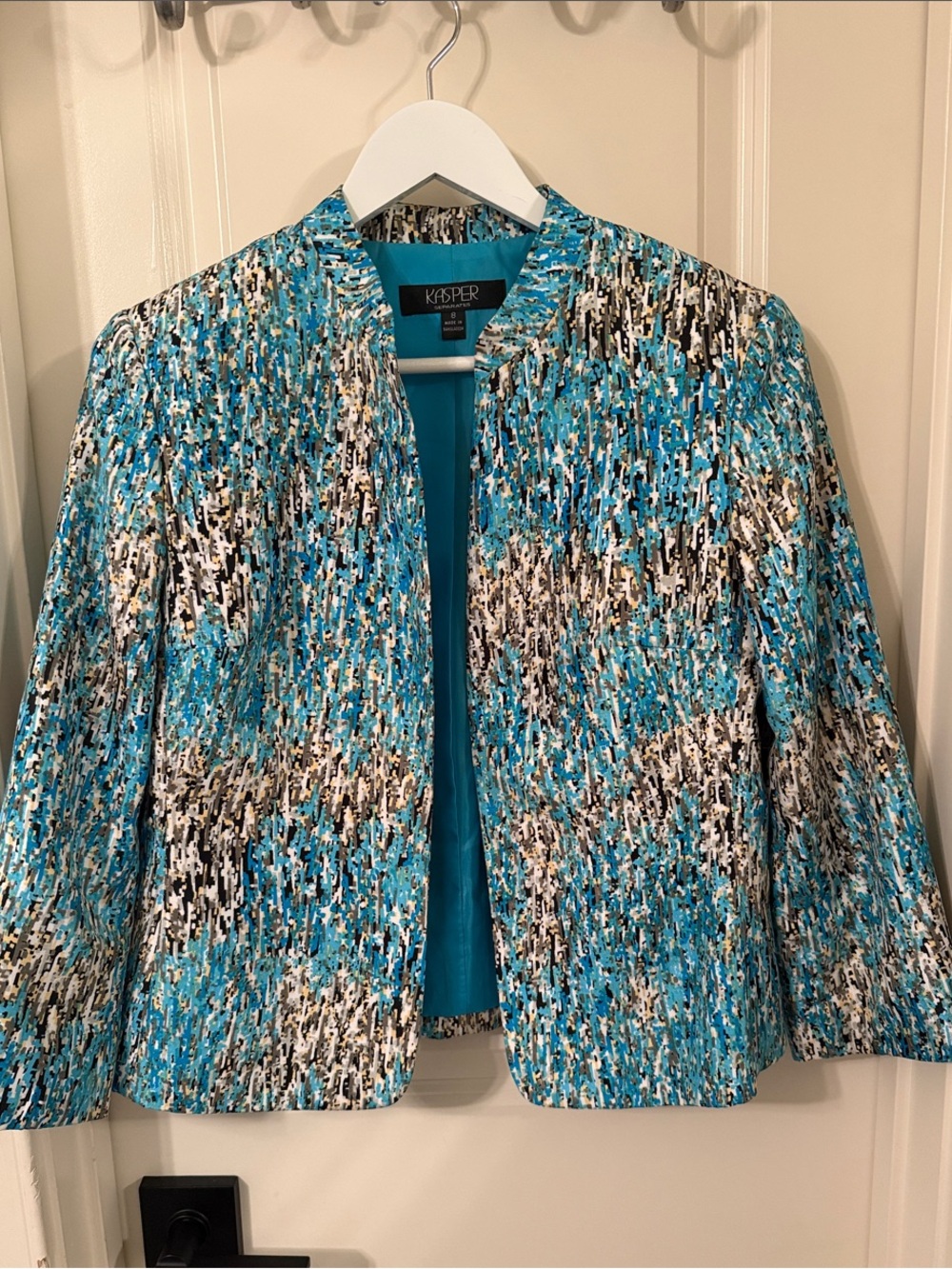Kasper Teal and Black Multi-Print Open Front Blazer